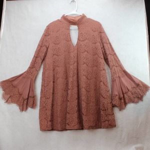 NWT D0+BE Sz L Womens Top Tunic Lace Lined Long Angel Sleeve Mock Neck Key Hole